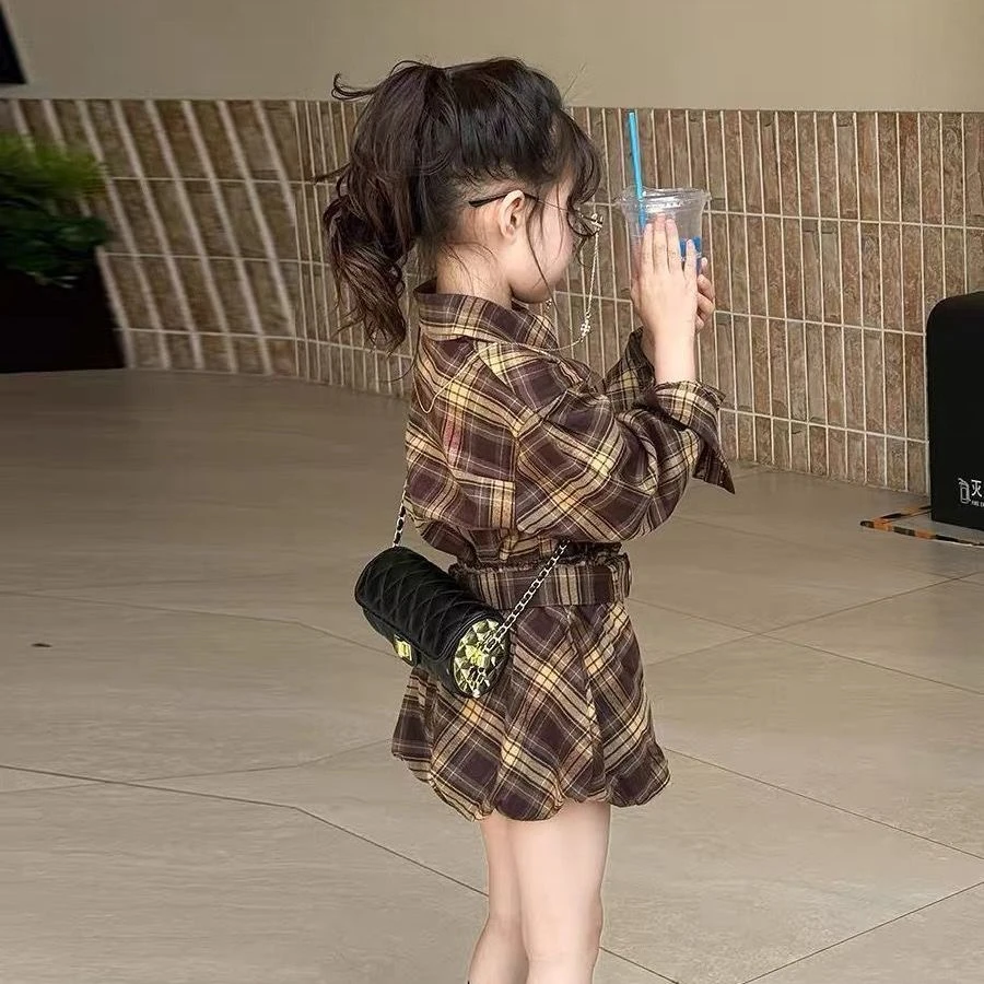 女童秋季新款套装洋气格子衬衫女宝宝花苞短裤洋气两件套