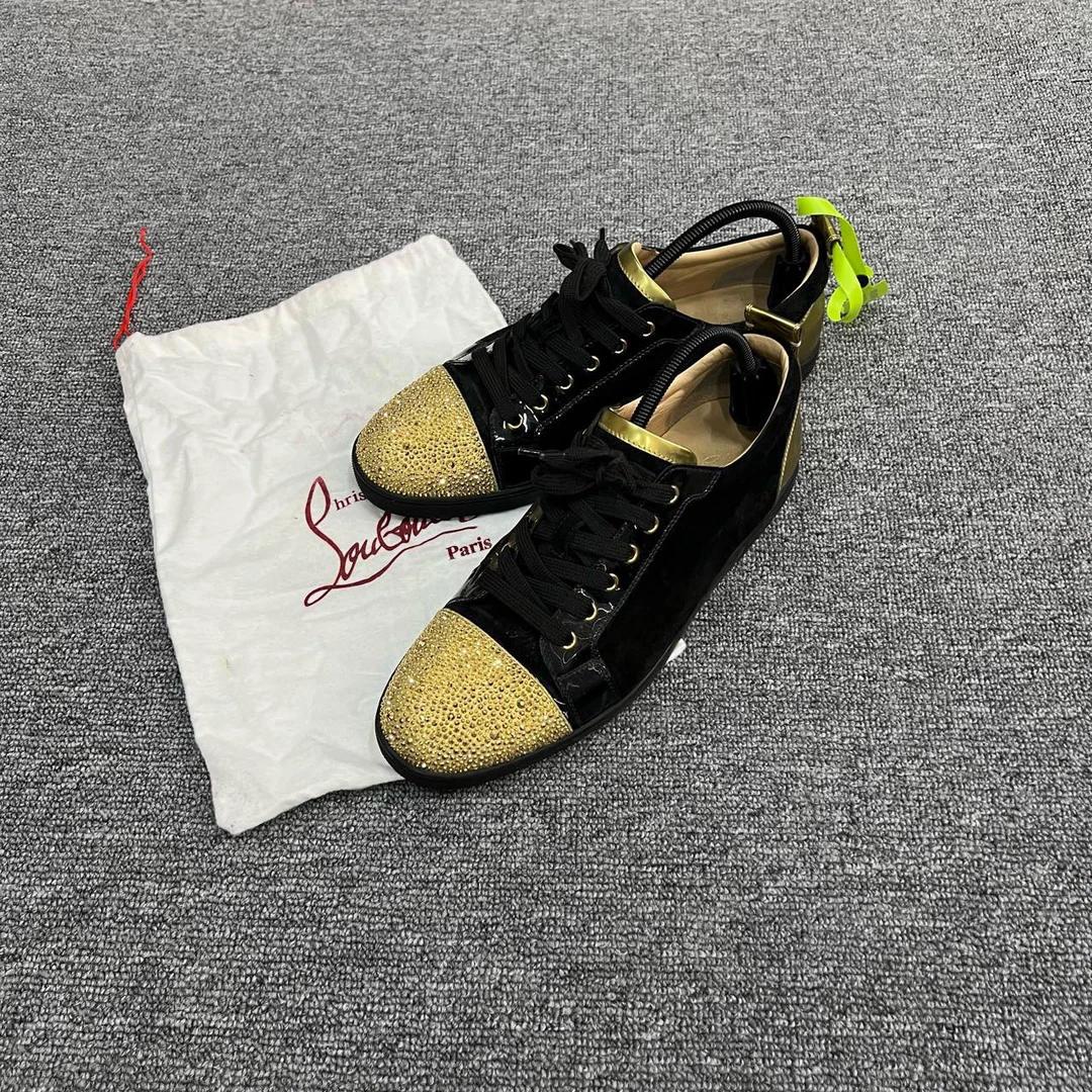 95新 Christian Louboutin/克里斯提·鲁布托 黑金丝绒板鞋 43码