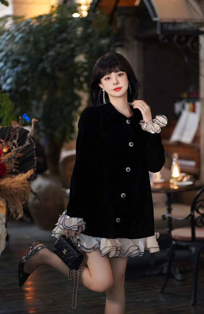 DY7105秋冬法式时尚气质显瘦复古小众设计感长袖拼接连衣裙