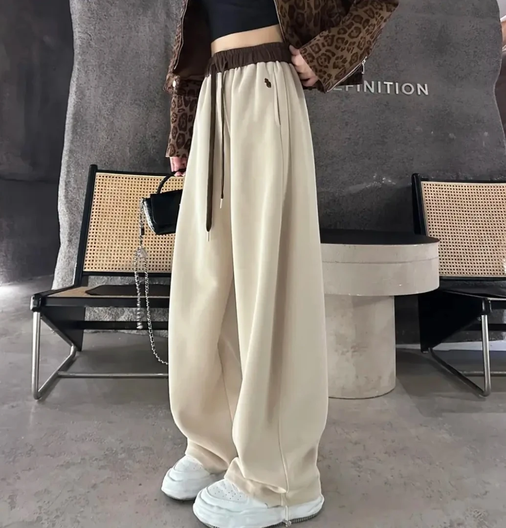 【现货+运费险】秋款刺绣美式慵懒风撞色高腰休闲阔腿裤女一裤两穿