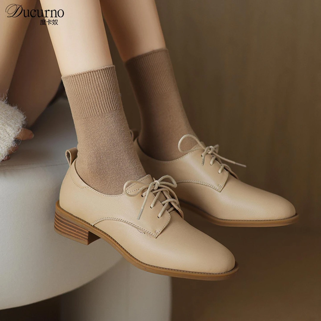 DUCURNO复古通勤粗跟真皮乐福鞋女百搭前系带小皮鞋日常舒适单鞋