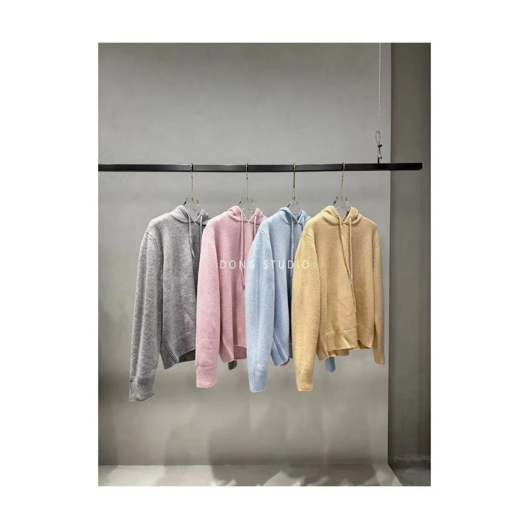 进口转织冬季新款简约百搭连帽羊毛针织衫I7821