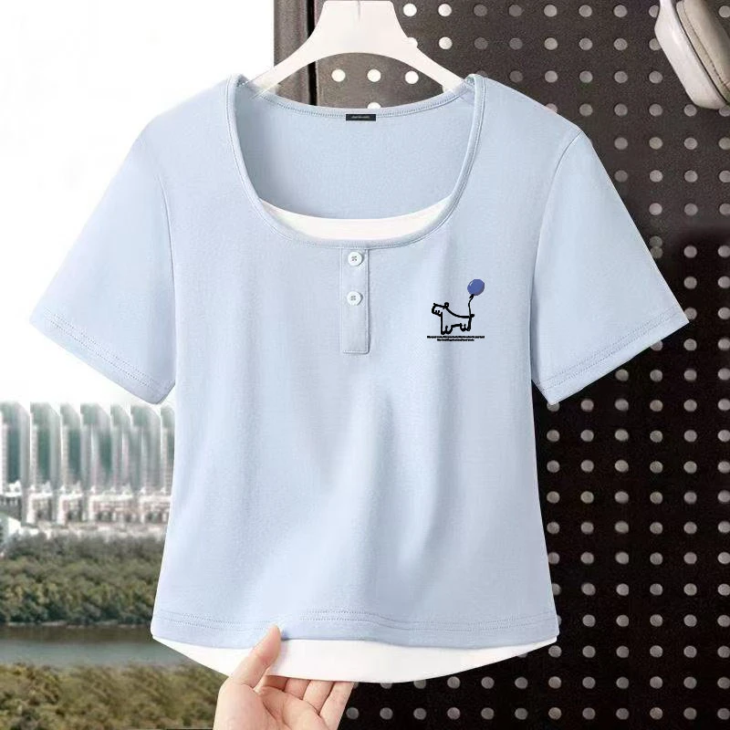 2025夏季新款薄款方领短袖t恤修身显瘦百搭休闲印花洋气短款上衣