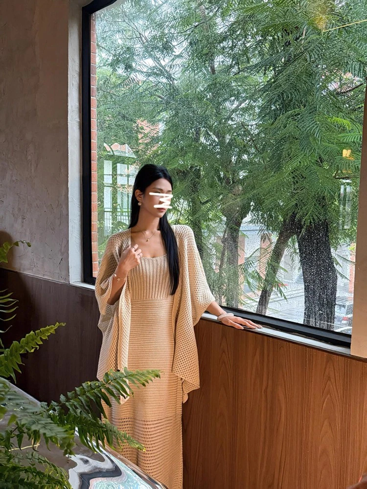 法式慵懒风时尚气质套装镂空长袖针织开衫女秋季吊带连衣裙两件套