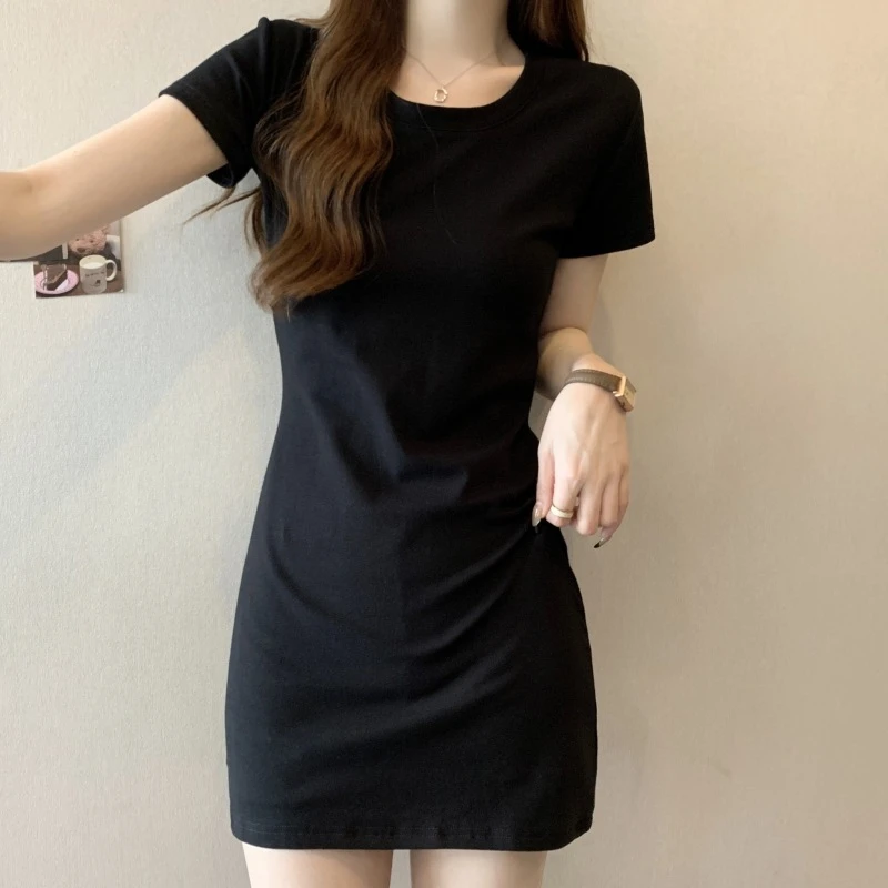 2025夏装纯棉短裙修身显瘦连衣裙女短袖小黑裙圆领气质通勤包臀裙