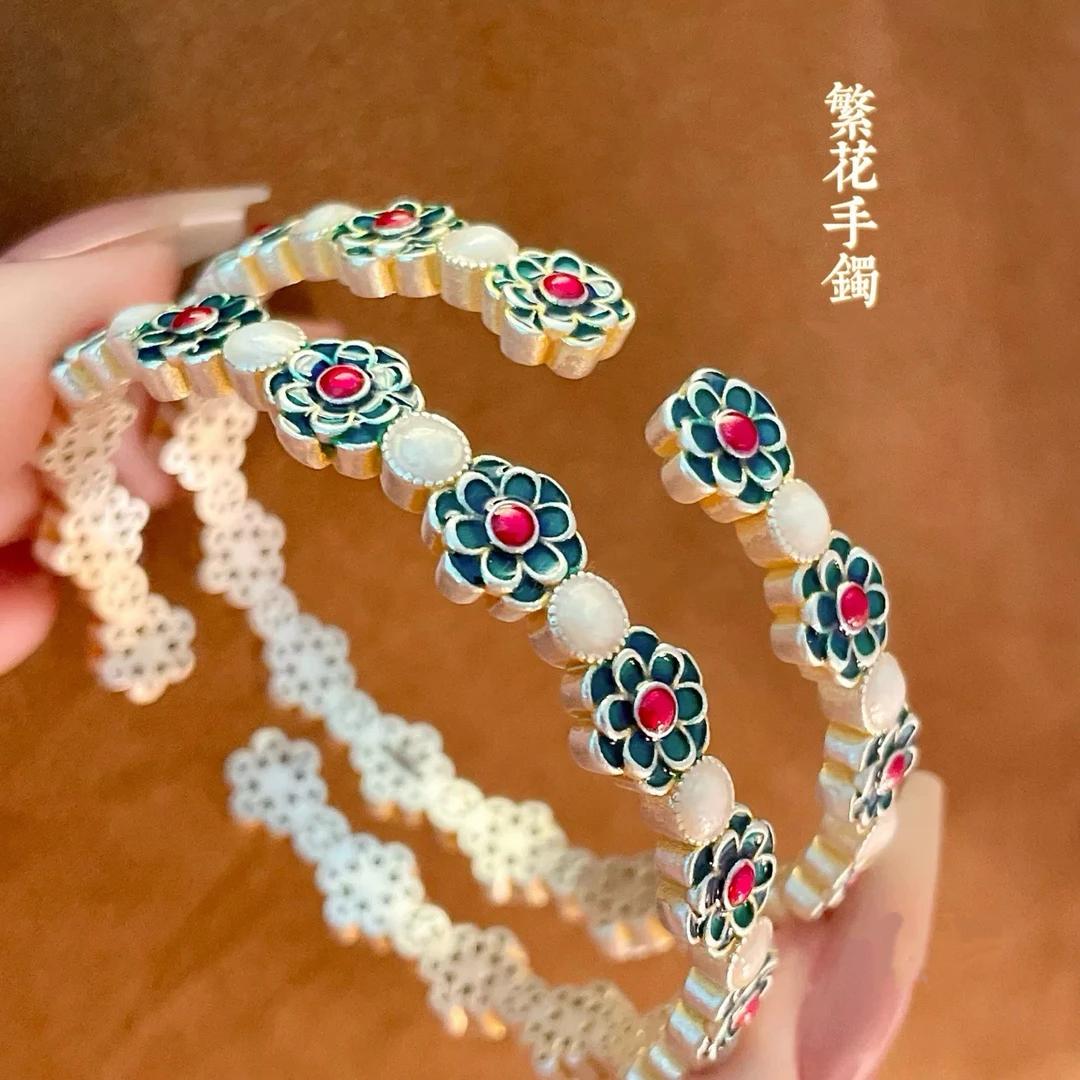 足银珐琅手镯 足银999描金珐琅彩繁花手镯女国风新中式宫廷银镯子