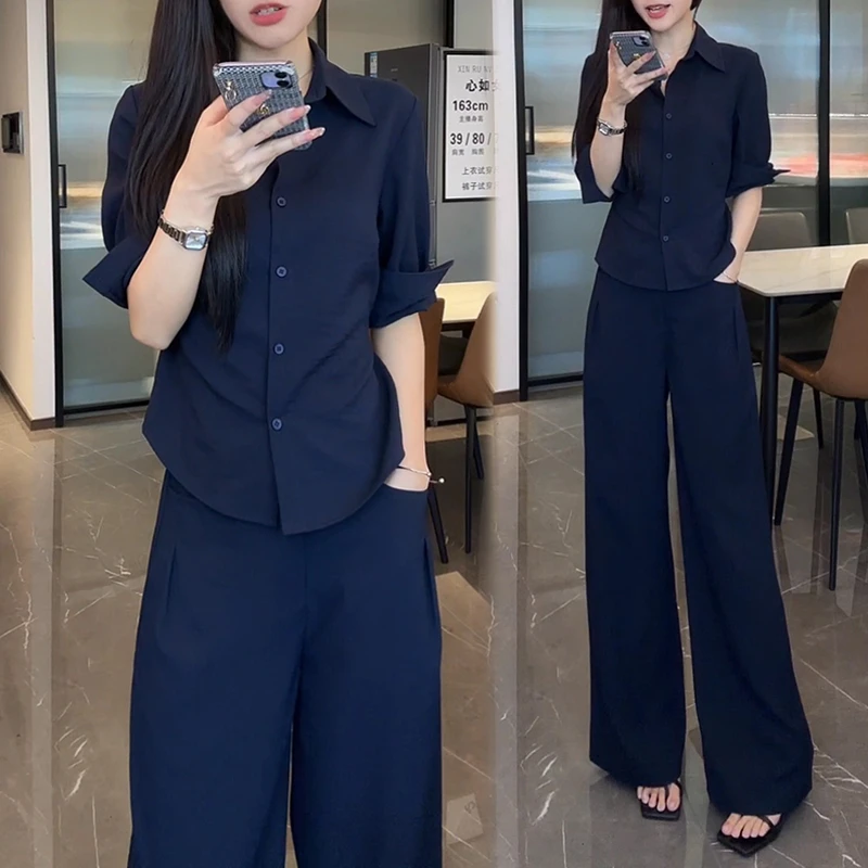 港风休闲减龄套装女夏季新款宽松显瘦短袖衬衫休闲阔腿裤子两件套