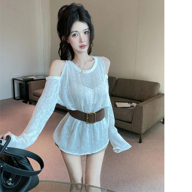 2025秋季新款慵懒风薄款辣妹圆领性感露肩中长款上衣百搭裙裤套装