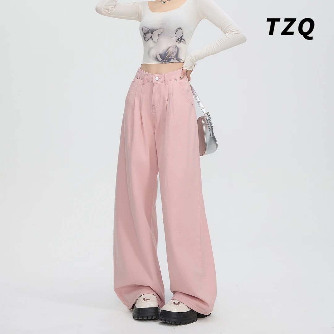 2025新款秋季女款爆款高腰宽松显瘦拖地粉色阔腿牛仔裤TZQ122554