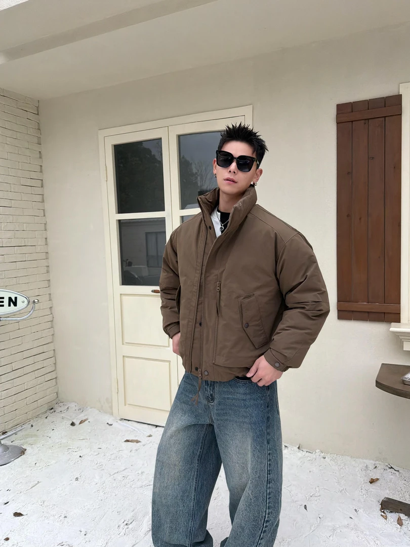 冬季90白鸭绒羽绒服美式复古落肩宽松百搭纯色保暖羽绒外套