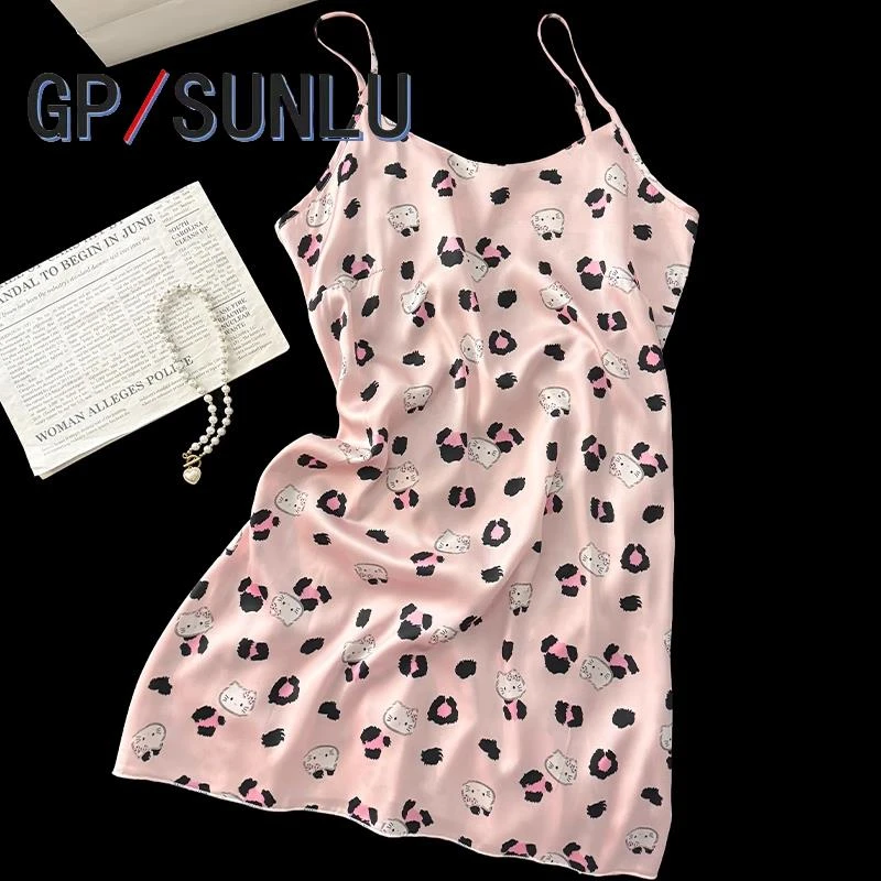 日本小众GP纯欲风性感吊带睡裙女夏季冰丝豹纹HelloKitty睡衣家居