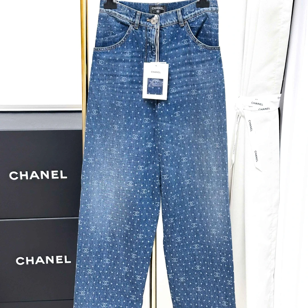 99新 Chanel/香奈儿 38码23P爆款蓝色波点双C满印牛仔裤长裤