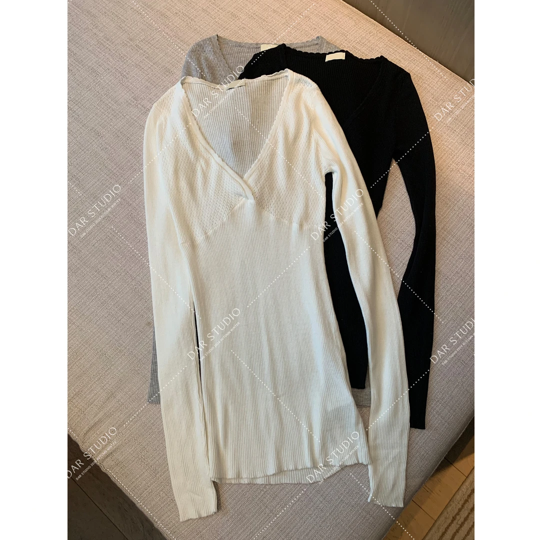 DAR STUDIO 深圳货【纯欲V领】2025冬季精梳棉花边领口针织衫25311