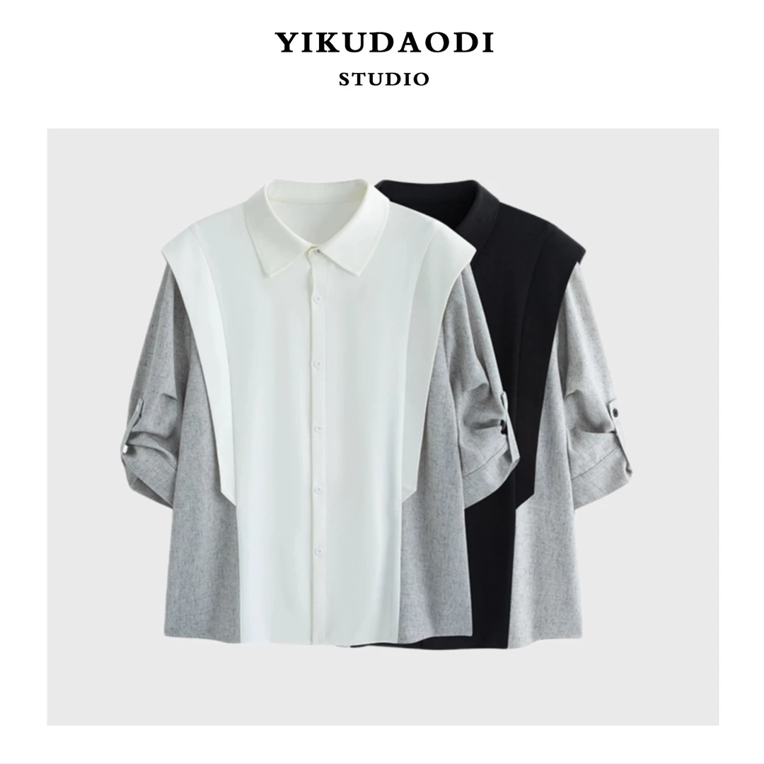 【夏季新款】男装抗皱假两件拼接小香风衬衫免烫新款商务百搭#1090