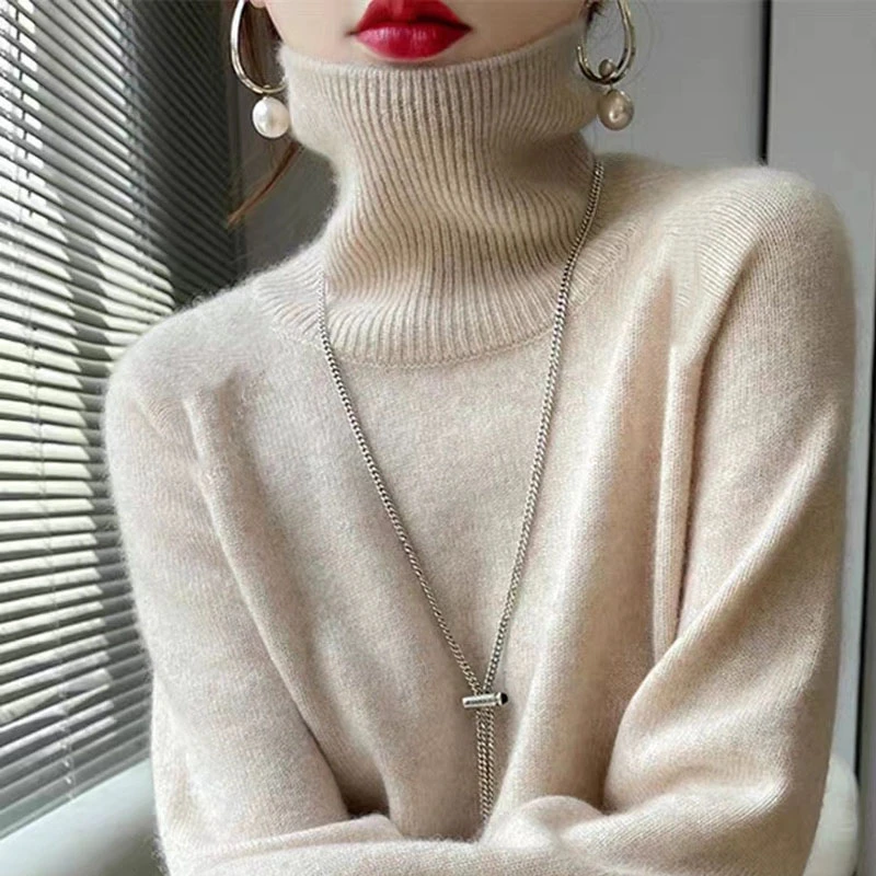 专柜正品高档100%纯羊绒衫女士秋冬季高领纯色毛衣厚款针织打底衫