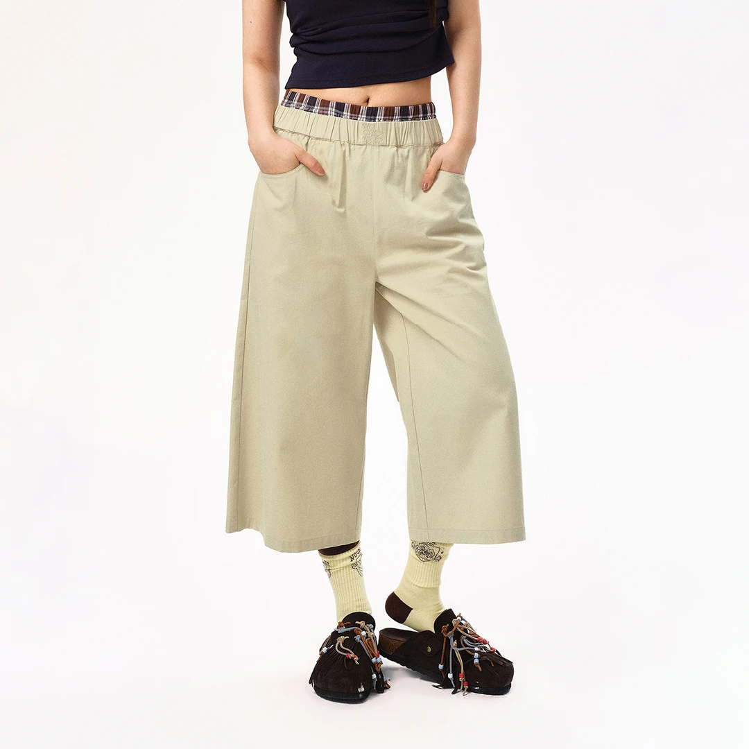 NO ONE ELSE美式复古女装夏季字母七分阔腿裤子格子拼接休闲裤