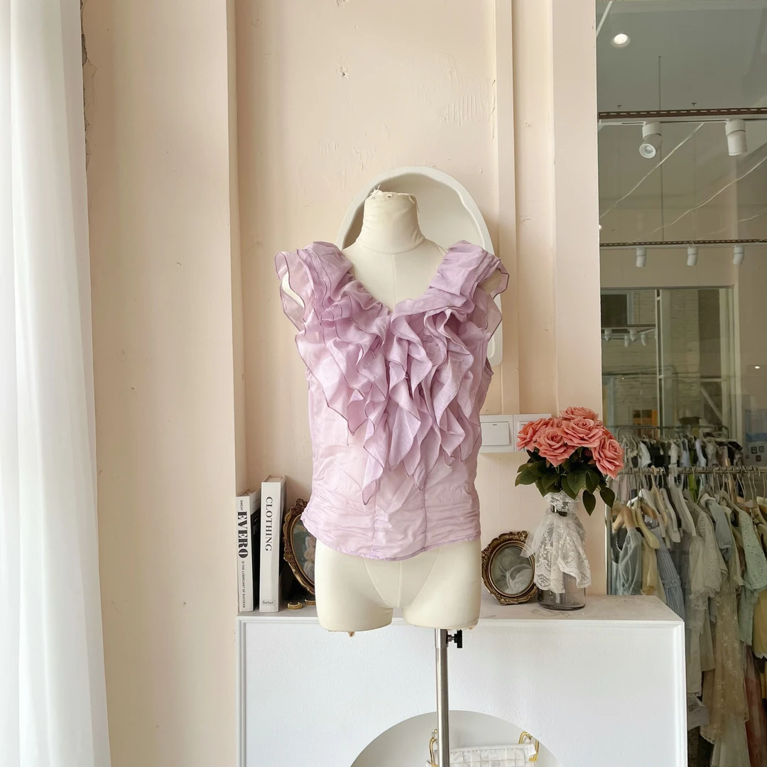 LHTE青青大码女装 法式设计感荷叶边v领百搭显瘦紫色上衣C0657