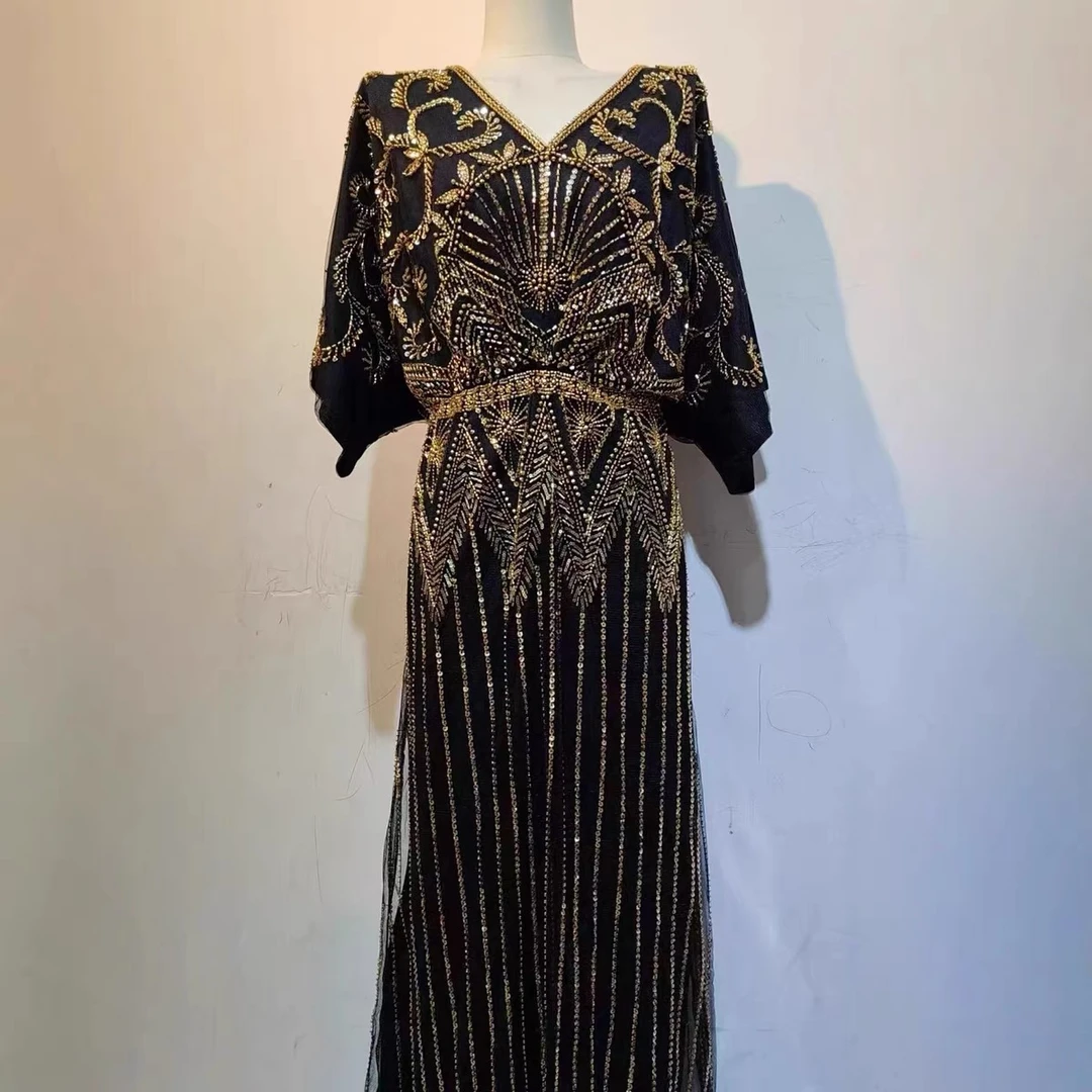 时尚重工烫金亮片新款短袖钉珠设计感连衣裙