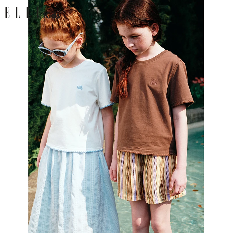 ELLE KIDS贝壳绣宽松圆领T恤女童夏季新款法式度假风休闲上衣A2