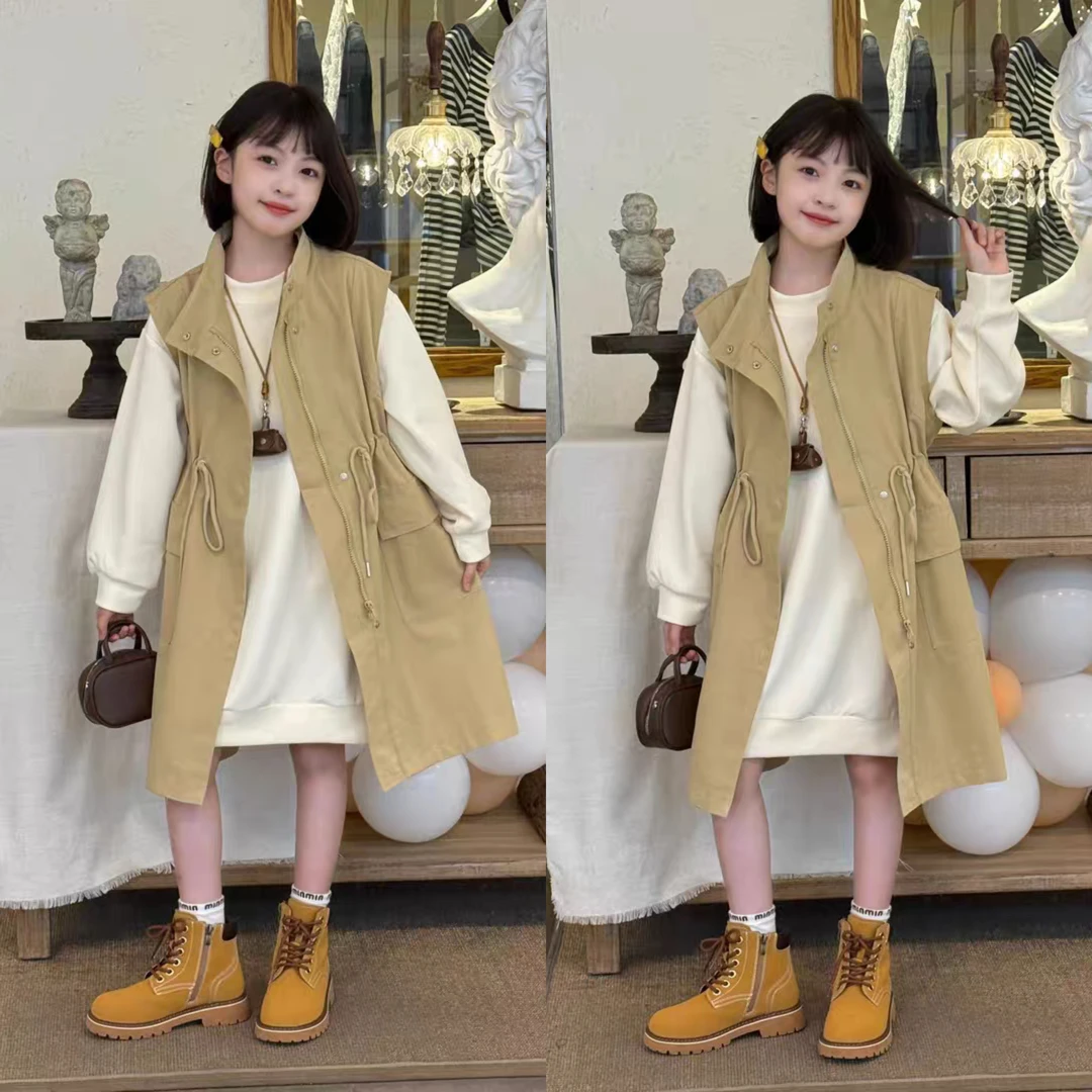 女童秋装长款收腰风衣套装2025新款韩系中大童时尚马甲两件套潮衣
