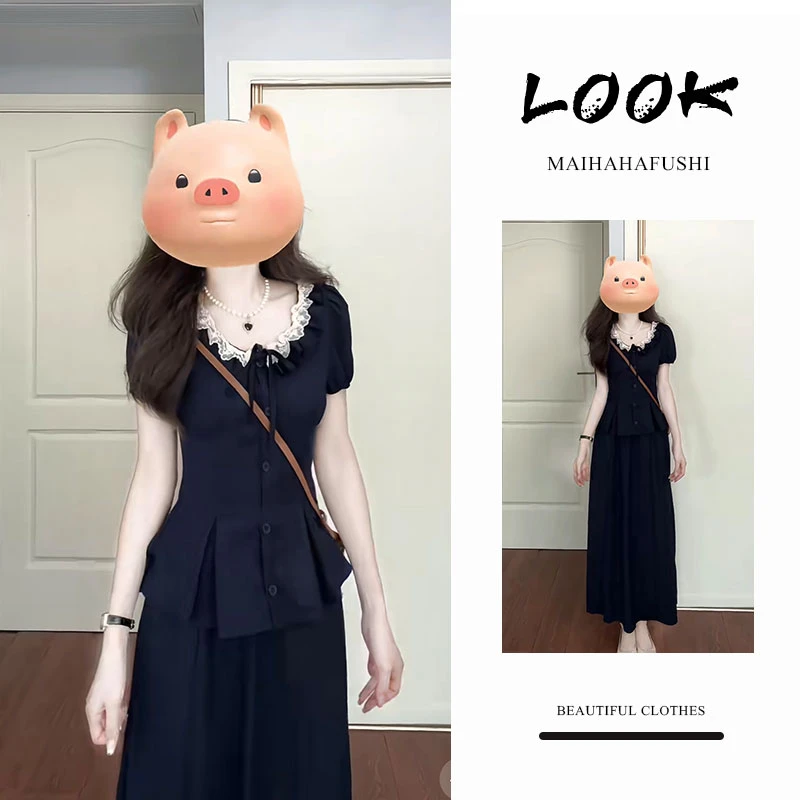 夏季一整套女装2025新款韩版高级感黑色显瘦短袖衬衫半身裙两件套