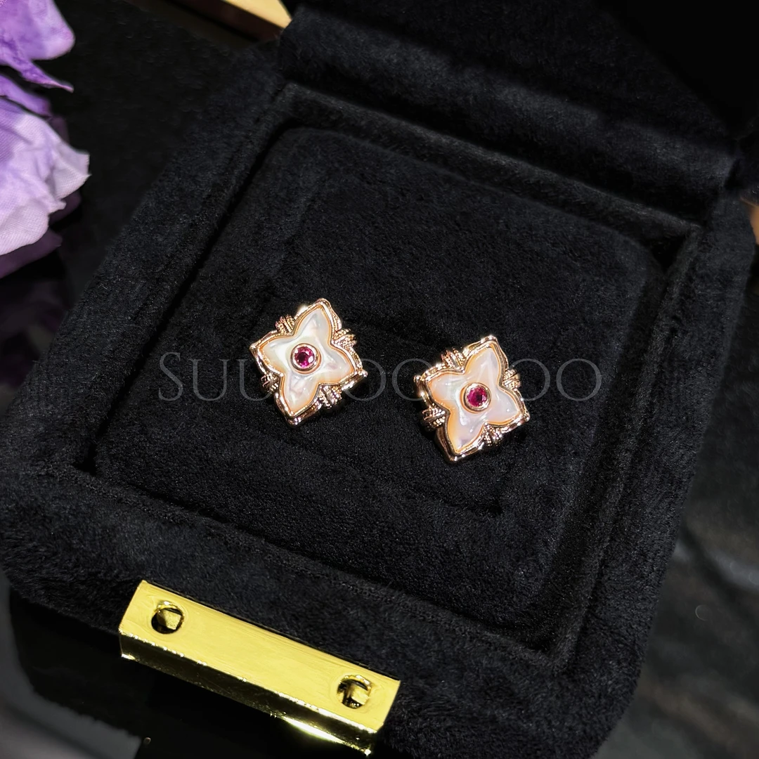 铜合金合成锆石耳饰 法式时尚菱角白贝耳环