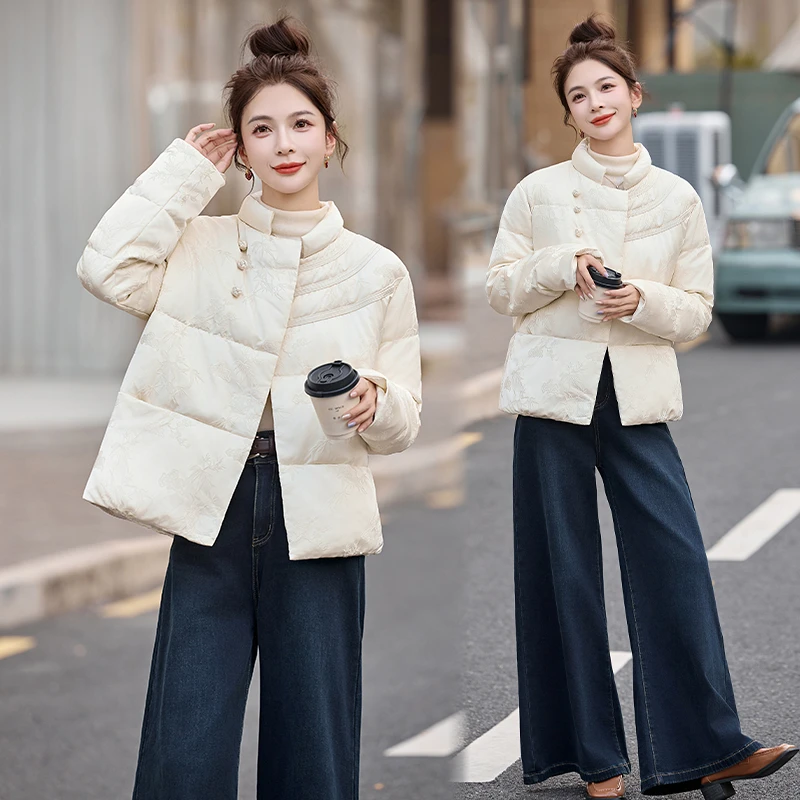 2025冬季爆款新中式国风复古高档提花洋气时髦短款白鸭绒羽绒服
