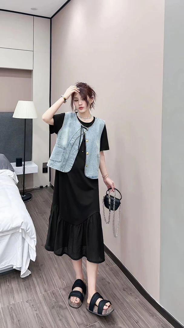 胖mm短袖连衣裙新中式牛仔马甲套装女夏季2025新款气质两件套3233