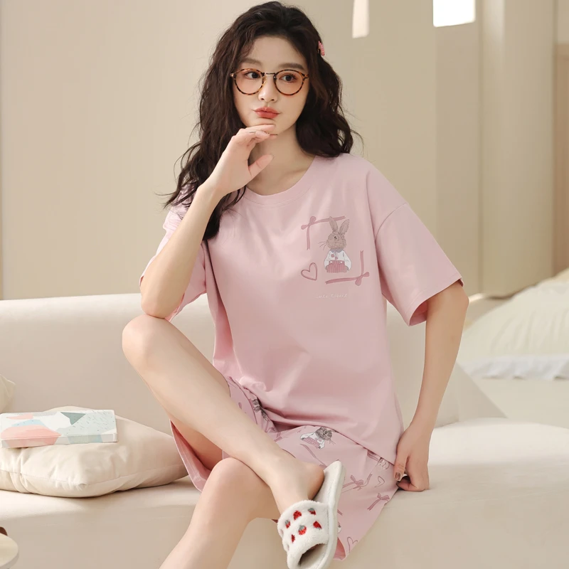 卡之恋夏季女士睡衣短袖短裤套装卡通兔子休闲家居服