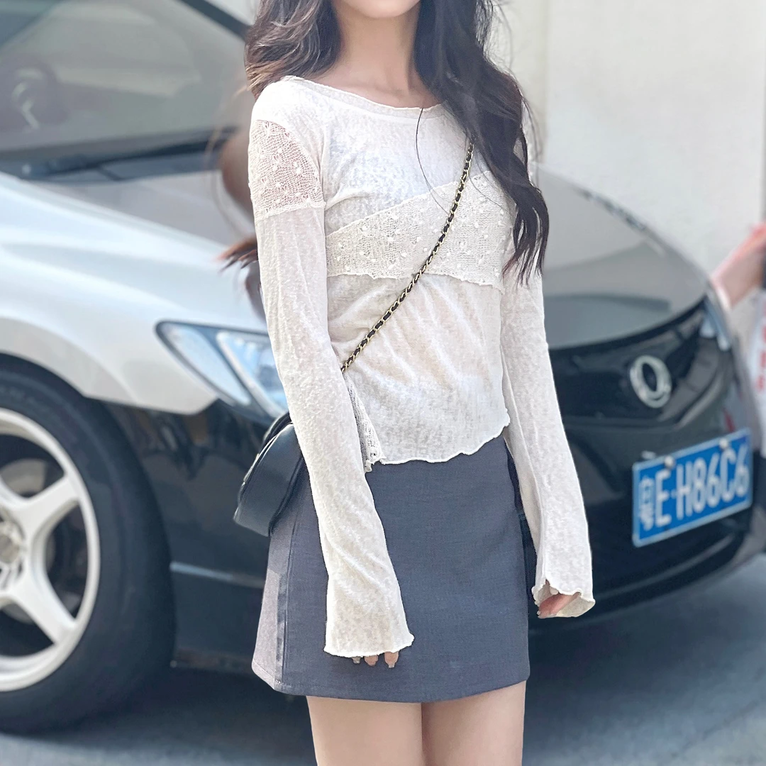 春夏针织蕾丝不规则针织长袖t+高腰西装A字半身裙小个子显高套装