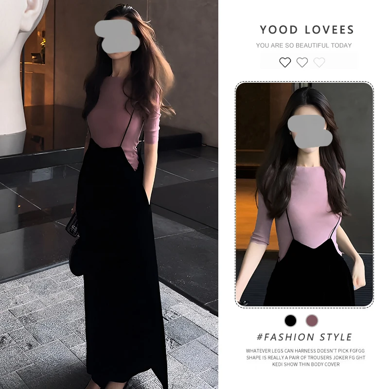 韩系chic套装女休闲辣妹性感修身t恤上衣设计感背带阔腿裤两件套