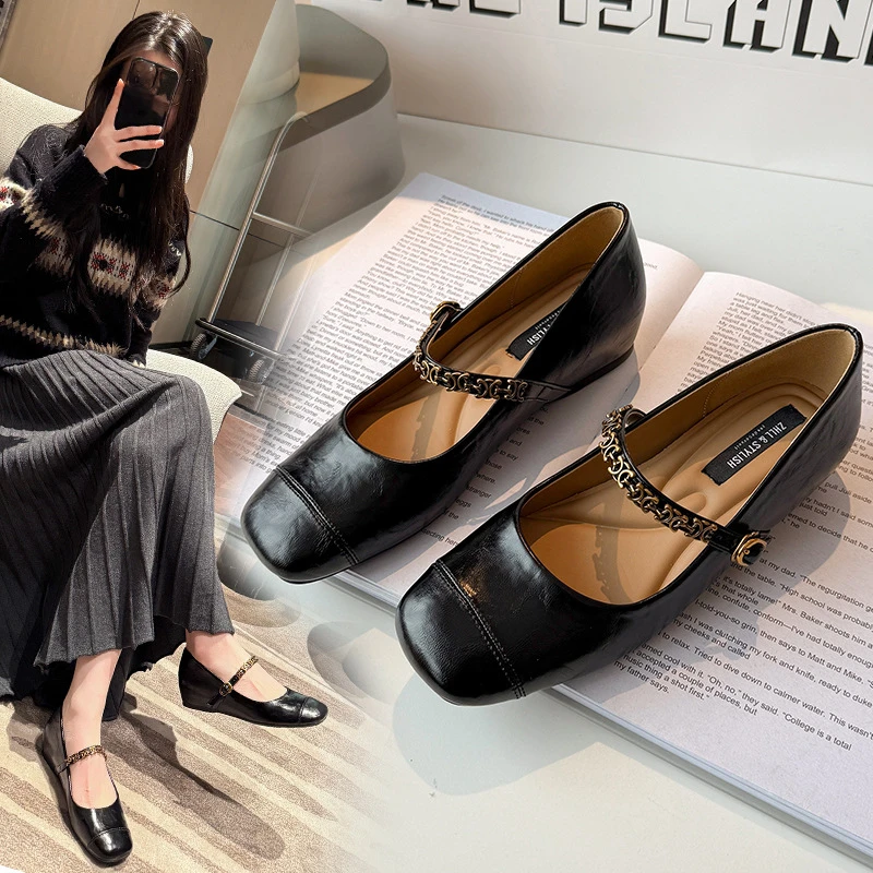 40-45码时尚搭扣内增高复古一字带小单鞋女鞋加肥加宽大码女鞋