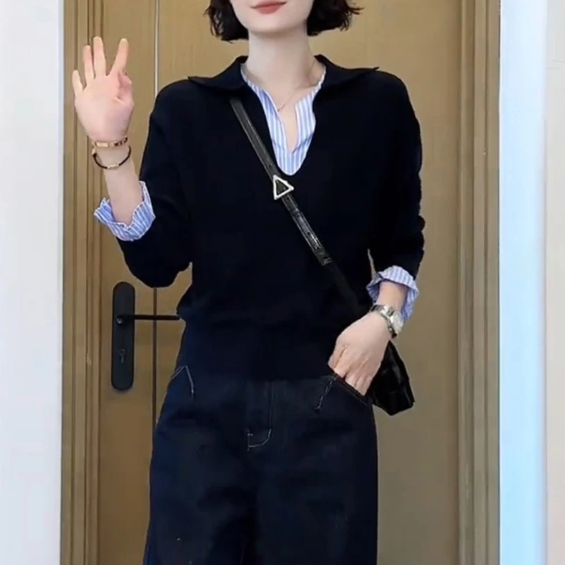 琥珀流光假两件撞色拼接条纹针织衫女早秋设计感宽松V领长袖上衣
