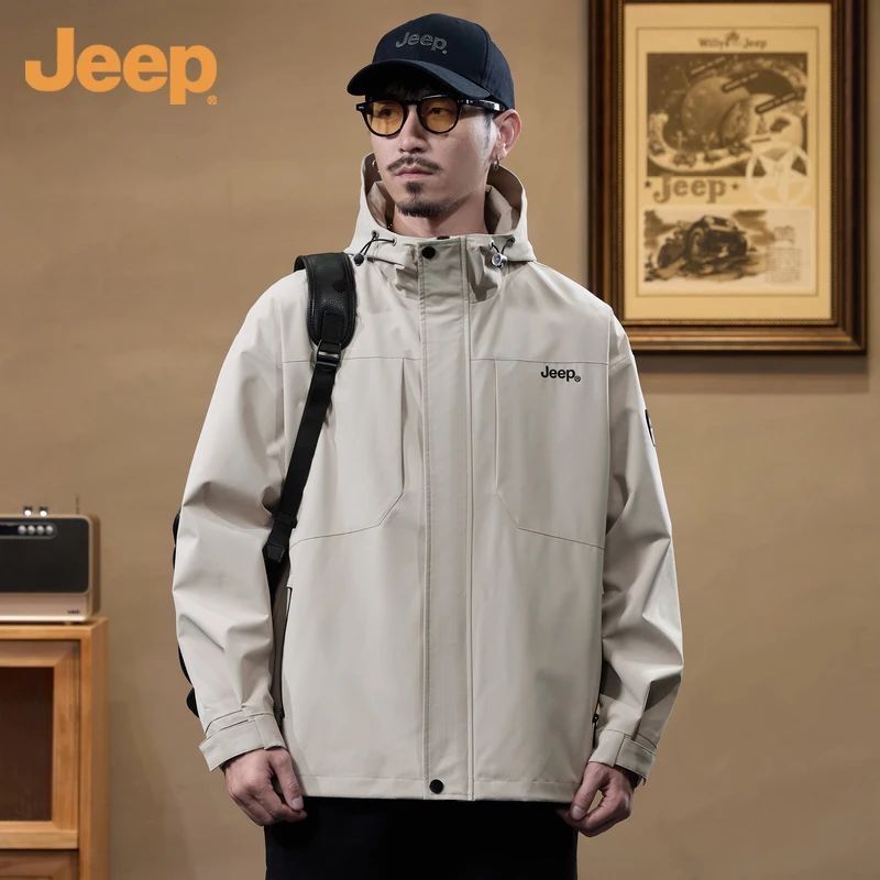 Jeep吉普男士连帽夹克春季新款潮流美式户外休闲百搭宽松冲锋外套
