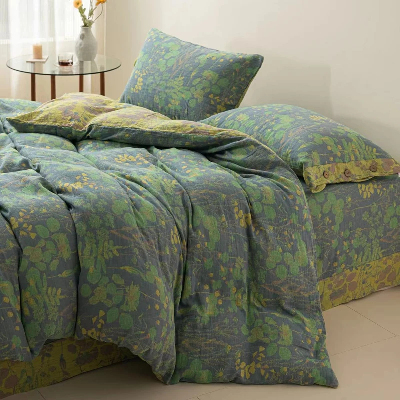 柔软糯全棉双层纱色织床上用品四件套纯棉田园风复古绿色床单被套