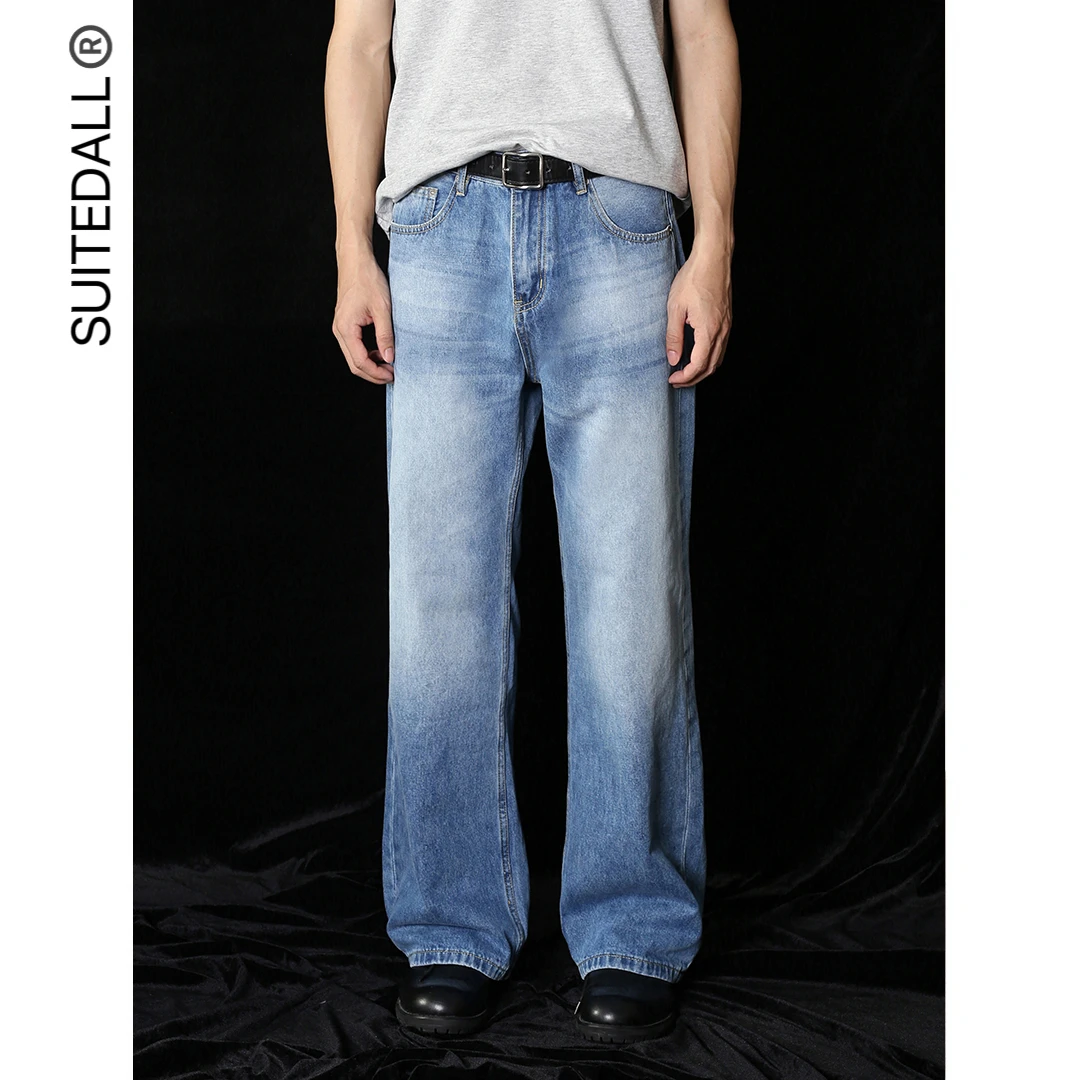 SUITEDALL“2021M”复古蓝牛 夏季宽松直筒微喇叭12oz软牛仔裤男女