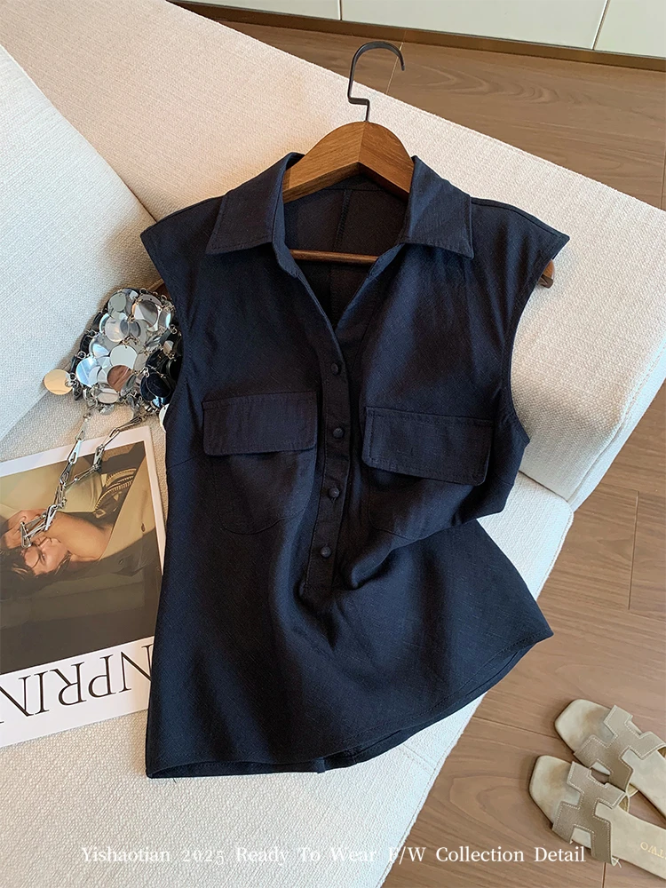 老钱风藏青色亚麻无袖衬衫女夏季新款高级感简约气质显瘦背心上衣