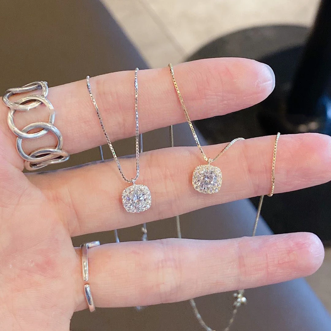 铁合金大理石项链 925纯银小方钻项链女款轻奢小众设计感锁骨链毛