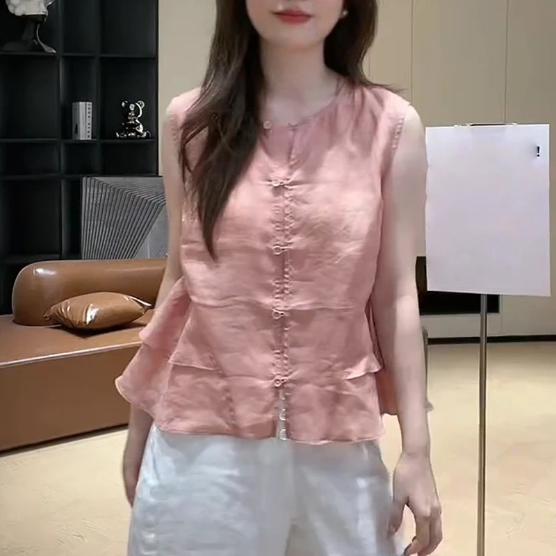 2025夏季圆领单排扣荷叶边无袖小衫女潮流时尚气质显瘦百搭上衣服