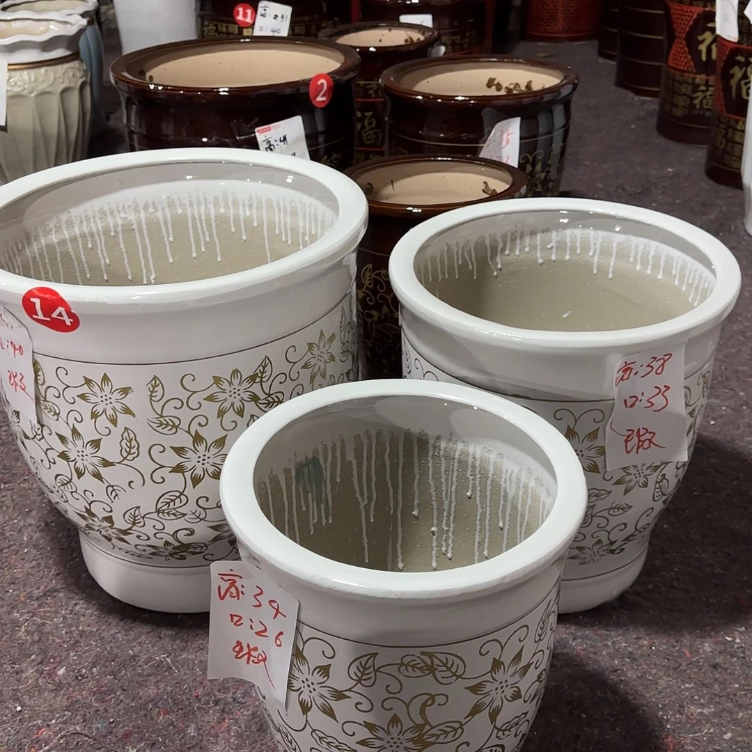 白色金花一套三个盆微瑕