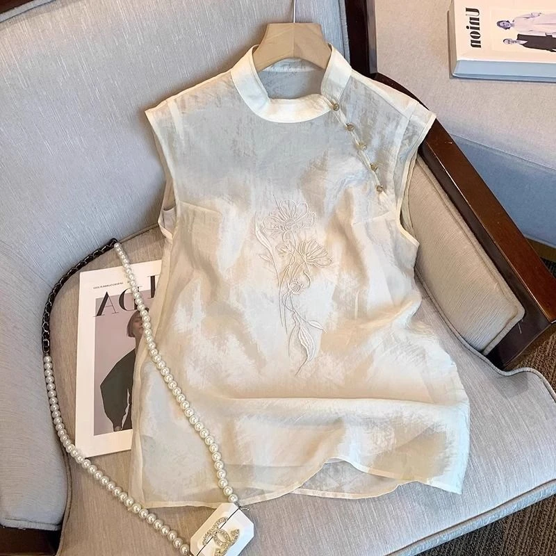 原版质量高级感国风复古刺绣立领背心衬衫女夏季气质无袖上衣潮