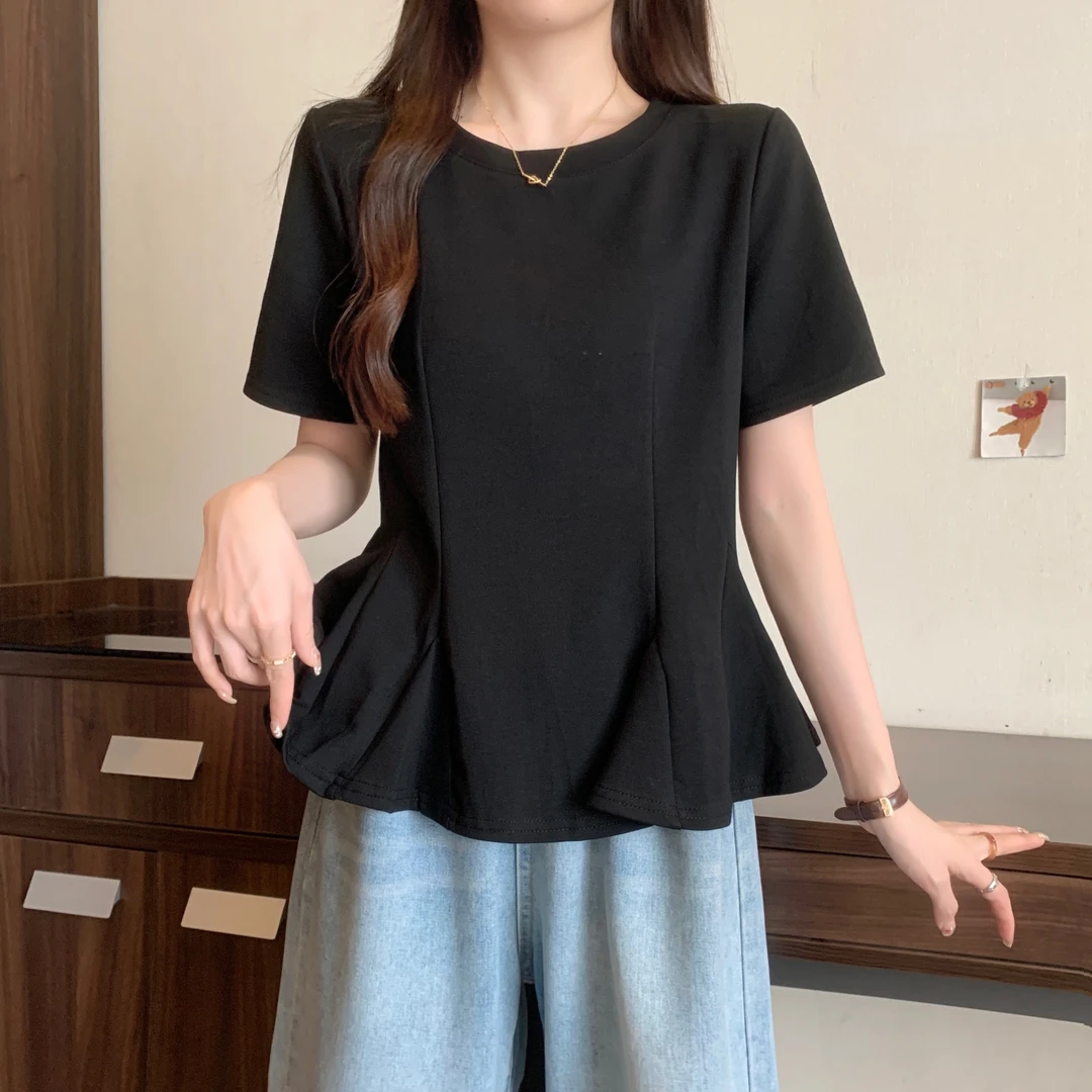 棉正肩短袖T恤打底衫女夏装大码胖mm收腰遮肚设计感显瘦裙摆上衣