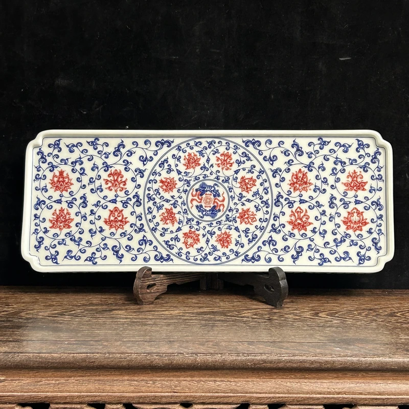 景德镇陶瓷青花釉里红缠枝莲长条缠枝莲茶盘摆件中式高端茶器送礼