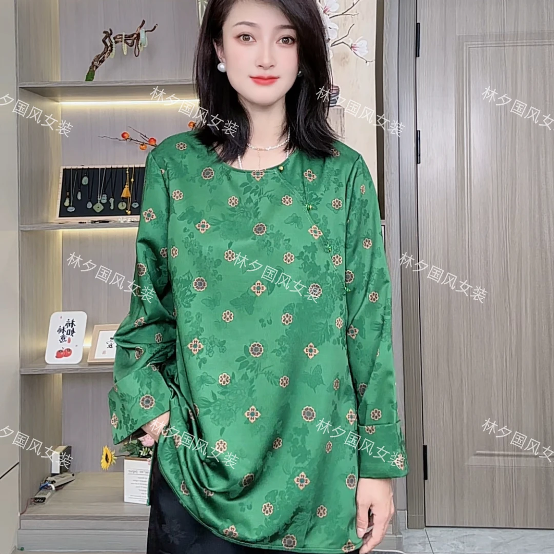 早秋拼接斜襟绿色圆领提花女装九分袖网红上衣薄款女装衬衫