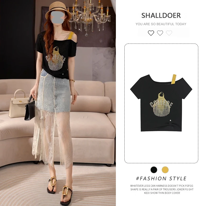 设计感重工烫钻露肩短袖t恤女2026夏季新款小众修身显瘦减龄上衣