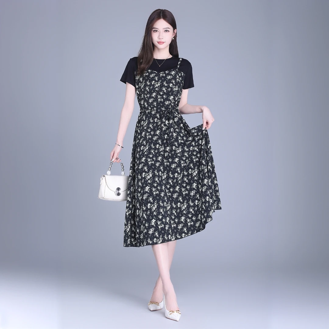 假两件冰丝碎花裙夏季新款大码女装胖mm遮肚显瘦洋气拼接连衣裙