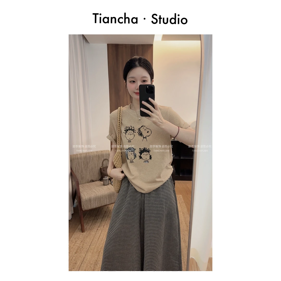 D509#sweet c【史努比一家】夏季韩系卡通图案正肩T恤女舒适百搭