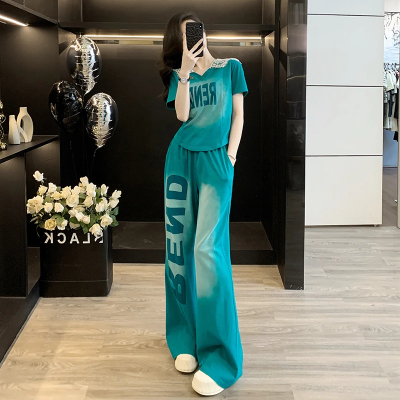 网红炸街时尚休闲运动套装女夏季2025新款时髦短袖阔腿裤两件套