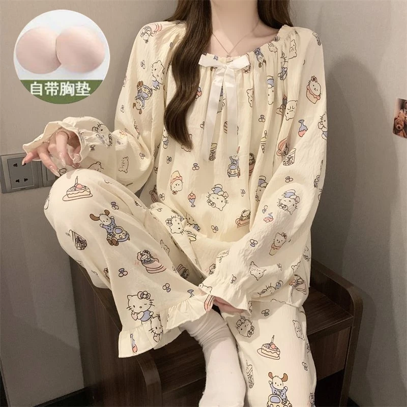 睡衣女带胸垫春秋季公主风卡通凯蒂猫可爱碎花云朵棉长袖套装