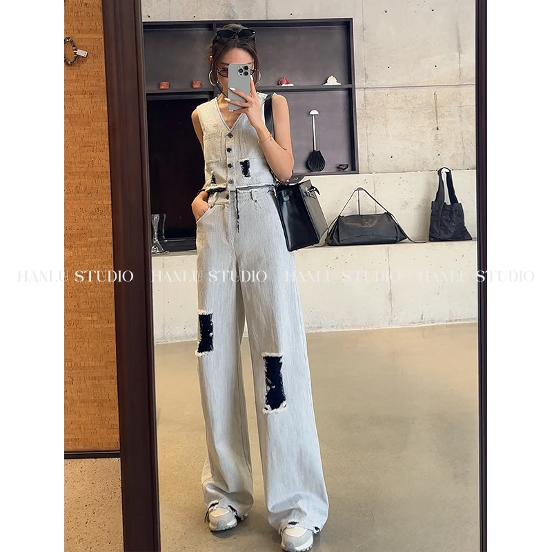 HANLU STUDIO时尚夏季重工磨毛牛仔摩登复古高腰长裤